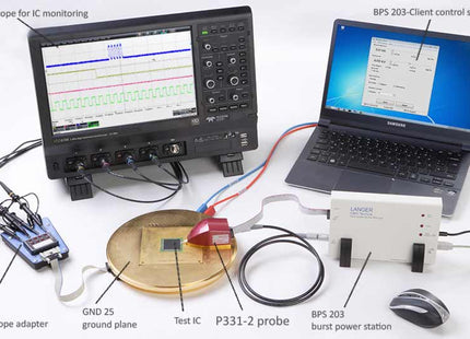 Langer-EMV P331-2 ESD Pulse Injection Generator setup with oscilloscope, test IC, and BPS 203 power station for IEC 61000-4-2 compliance testing.