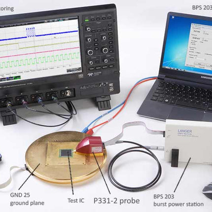 Langer-EMV P331-2 ESD Pulse Injection Generator setup with oscilloscope, test IC, and BPS 203 power station for IEC 61000-4-2 compliance testing.