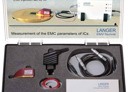 Complete Langer-EMV P331-2 ESD Pulse Injection Generator IC test system kit with probe, cables, and accessories in a carry case for lab use.