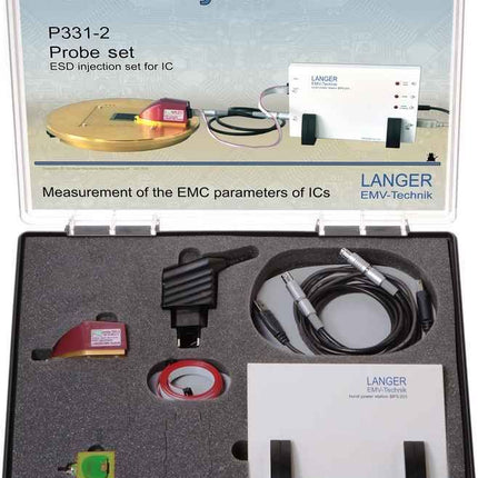 Complete Langer-EMV P331-2 ESD Pulse Injection Generator IC test system kit with probe, cables, and accessories in a carry case for lab use.