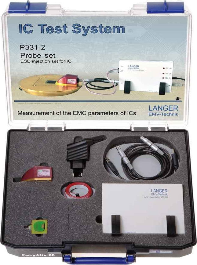Complete Langer-EMV P331-2 ESD Pulse Injection Generator IC test system kit with probe, cables, and accessories in a carry case for lab use.