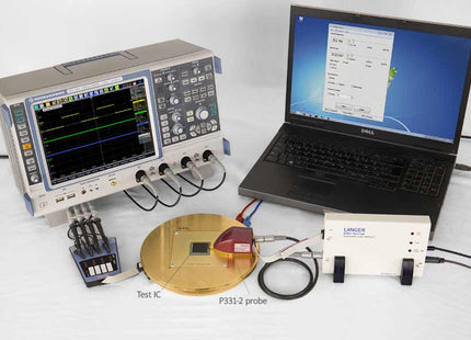 Langer-EMV P331-2 ESD Pulse Injection Generator in use with oscilloscope and laptop for IC immunity evaluation per IEC 61000-4-2 standards.