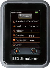 Close-up of 3ctest EDS MAX20 ESD simulator touchscreen showing voltage, polarity, and frequency settings for precise discharge control.