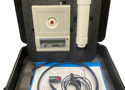 ESVM High Voltage Electrostatic Voltmeter for ESD Generator Voltage Verification in protective carrying case with probe, cables, and manual. Ideal for precise electrostatic discharge testing.
