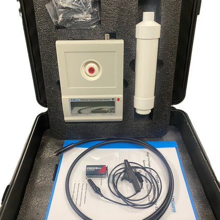 ESVM High Voltage Electrostatic Voltmeter for ESD Generator Voltage Verification in protective carrying case with probe, cables, and manual. Ideal for precise electrostatic discharge testing.