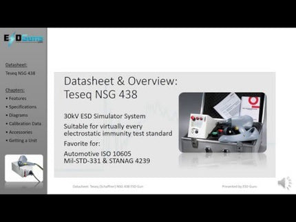Overview slide of Teseq NSG 438 30kV ESD Simulator Gun highlighting datasheet, ISO 10605, MIL-STD-331, and STANAG 4239 compatibility.