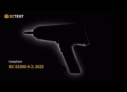 Silhouetted 3ctest EDS MAX20 ESD simulator with IEC 61000-4-2:2025 compliance label, emphasizing advanced discharge testing standards.
