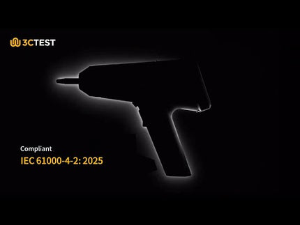 Silhouetted 3ctest EDS MAX20 ESD simulator with IEC 61000-4-2:2025 compliance label, emphasizing advanced discharge testing standards.