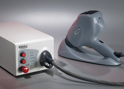 Rent Teseq NSG 438 30kV ESD Simulator Gun with control unit and ergonomic discharge handle for ISO 10605 and MIL-STD 331 testing applications.