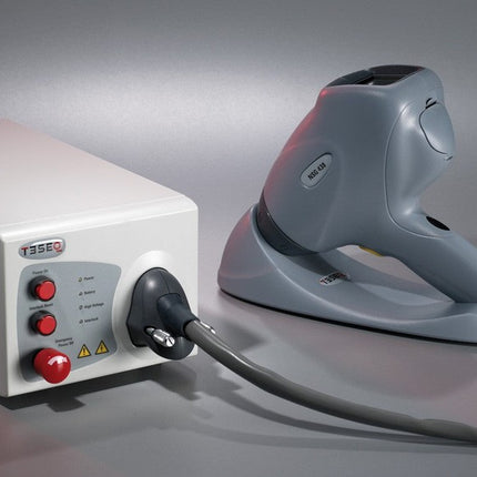 Rent Teseq NSG 438 30kV ESD Simulator Gun with control unit and ergonomic discharge handle for ISO 10605 and MIL-STD 331 testing applications.