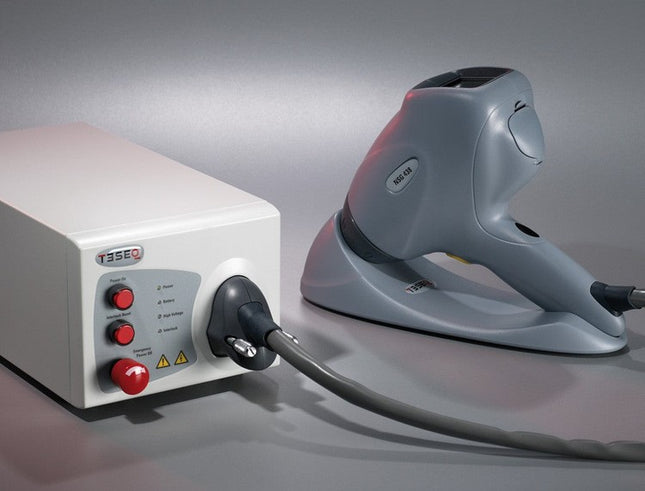 Rent Teseq NSG 438 30kV ESD Simulator Gun with control unit and ergonomic discharge handle for ISO 10605 and MIL-STD 331 testing applications.
