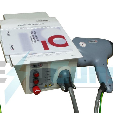 Teseq NSG 438 30kV ESD Simulator Gun with calibration documents and dual cables, available for rent with fast online ordering and shipping.